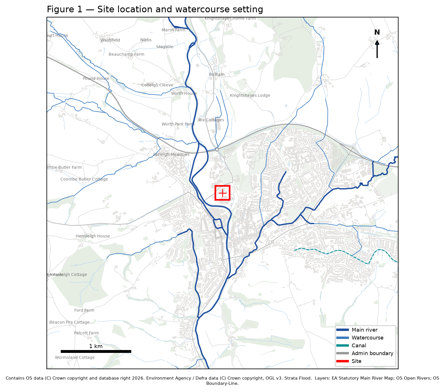 Site setting map on OS Open Zoomstack, Tiverton